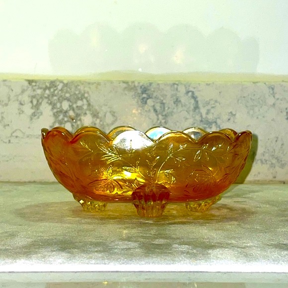 Carnival Glass Iridescent Small Candy Dish Vintage Jeanette Amber Floral Pattern - Picture 4 of 12